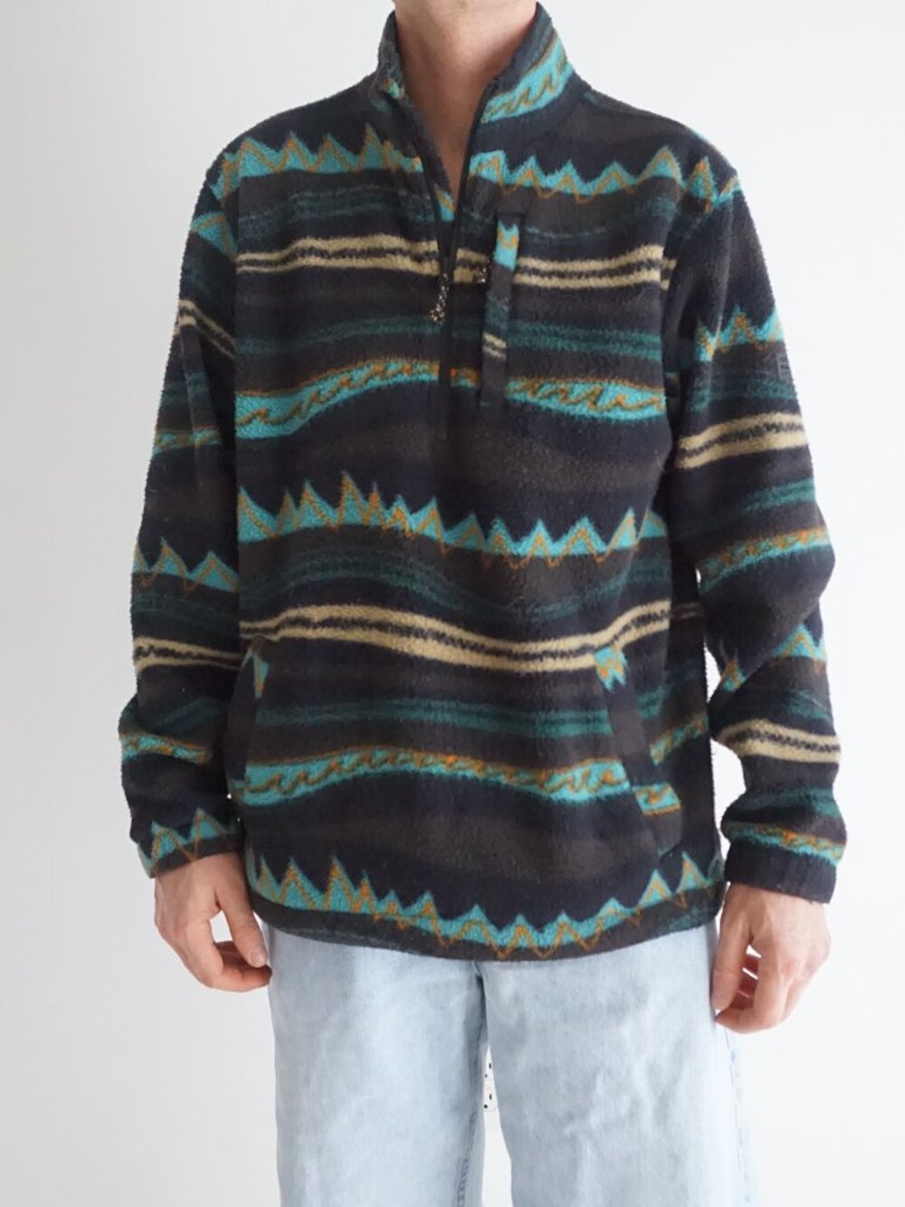 Billabong Black Teal Aztec Hiking Southwest Fleece Pullover Adventure Jacket M